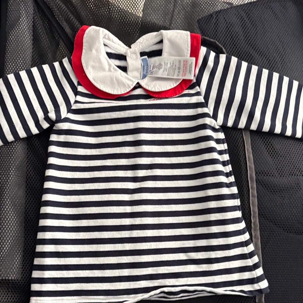 Striped Baby Dress with Red Trim Collar jacadi